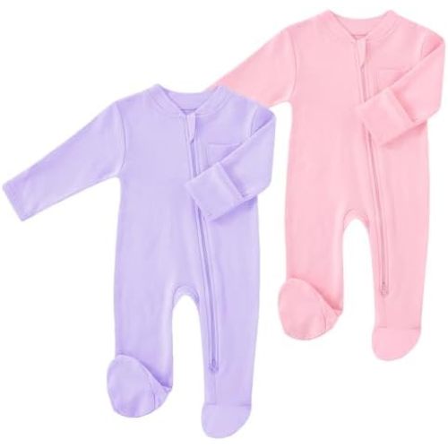 Baby 2 Way Zipper Girls Boys 100% Cotton Footed Sleep and Play with Mitten Cuffs 0-12 Months