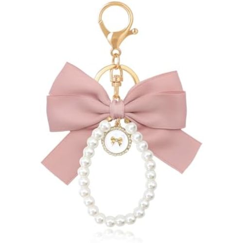 Cute Pearl Bow Keychain, Atiofber Lace Bowknot Bag Charm for Handbags Ribbon Keyrings Purse Backpack Pendant for Woman