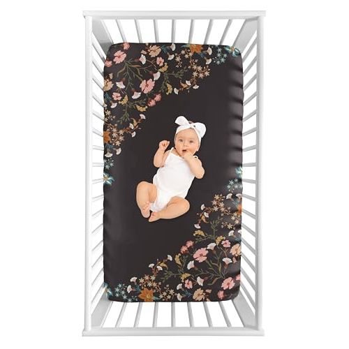 Sweet Jojo Designs Fitted Baby Crib Sheets (Black Wildflower Vintage Floral) for Girls, Infant Nursery, Toddler Room - Standard Size (Photo Op, Boho, Paisley, Bohemian, Cottagecore, Farmhouse, Flower)