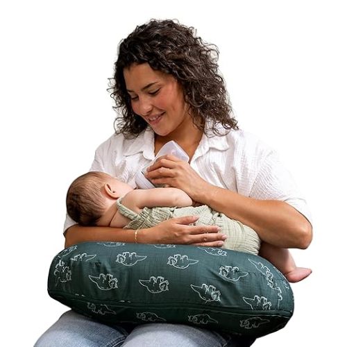 Boppy Nursing Pillow - Ergonomic Bottle & Breastfeeding Pillow with High, Firm, Large Area, Water-Repellent Cushion with Washable Cover; Baby Safety Alliance Verified - Forest Green Dinos