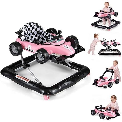 HONEY JOY Baby Walker, 4-in-1 Foldable Infant Activity Push Walker, Toddler Car Walker with Adjustable Heights, Music, Lights, Padded Seat, Baby Walker with Wheels for Boys Girls 6-18 Months (Pink)