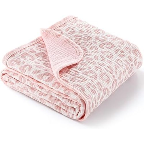 Breling Pink Leopard Muslin Baby Blankets for Girls Boys, 100% Cotton Crib Blanket for Infant Toddler, 40 x 36 Inch Soft and Lightweight Nursery Swaddling Wrap