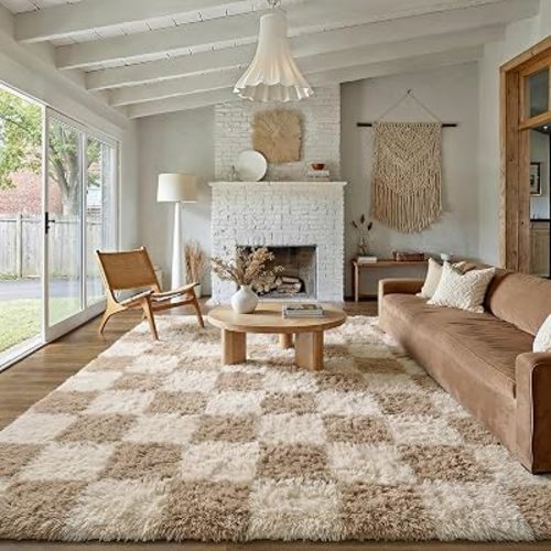 PureCozy Beige 7x10 Area Rug for Living Room Soft Checkered Shag Carpet