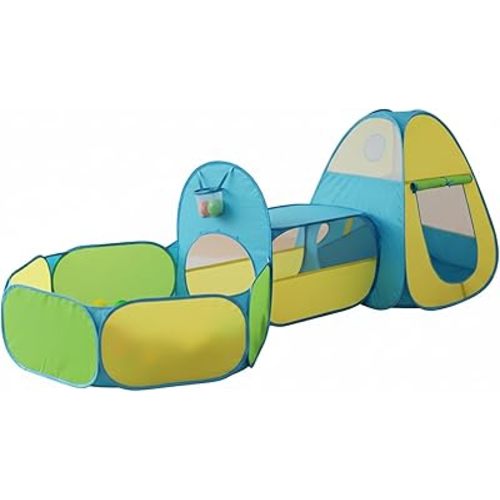 3 in 1 Kids Play Tent with Tunnel & Ball Pit,Pop Up Indoor/Outdoor Playhouse for Boys and Girls,Crawling Tunnel Toy with Fun Toss It Game Zone,Easy Setup Foldable Carry Bag (Balls Not Included)