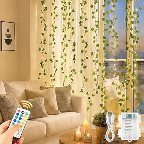 YOUNGAR Ivy Vines with Fairy Lights, Battery/USB Operated Leaf String Warm White Lights, 23FT 73LED Vine Lights with Remote for Bedroom Garland Wedding Birthday Garden Party Wall Room Headboard Decor