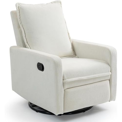 360° Swivel Rocking Chair Nursery Glider Recliner Nursery Chair Manual Swivel Rocker Recliner with High Backrest Armchair Comfy Side Modern Chair for Living Room (White)
