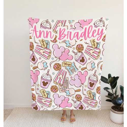 Personalized Name Epcot Fleece Blanket, Magical Epcot Blanket, Cute Pink Snack Disneyland Blanket for Newborn Baby, Birthday Gifts for Kid