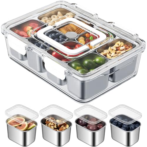 Snackle Box Container, Stainless Steel Divided Serving Tray with Lid and Handle, 8 Compartment Portable Snack Platters - Clear Storage Organizer for Fruit Candy Nuts Veggie - Perfect for Travel Party