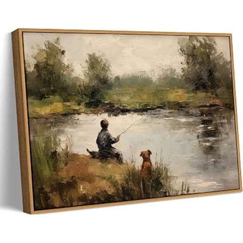 Vintage Canvas Wall Art, Framed Boy Fishing with Dog Pictures Wall Decor, Rustic Farmhouse Landscape Art Print for Bedroom Living Room Cabin (16x24in)