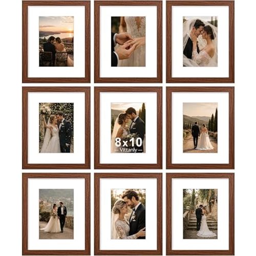 Vittanly 8x10 Picture Frames Set of 9, Wall & Tabletop, Wood Grain Brown
