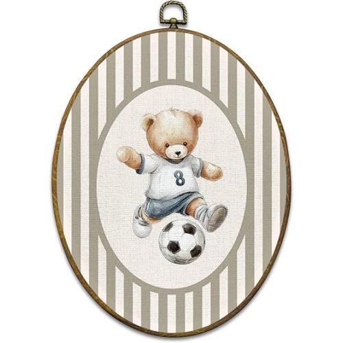 Vintage Soccer Bear Nursery Wall Art Decor, Sports Framed Canvas Prints 8.6x11.4, Neutral Striped Bear Animal Oval Wall Hanging Artwork Decorations for Kids Boy Nursery Room Bedroom Playroom