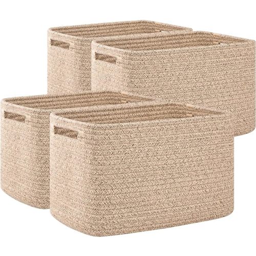 OIAHOMY 4 Pack Storage Baskets for Organizing, Cube Storage Bins for Shelves, Rectangle Storage Baskets With Handles, Woven Baskets for Storage, 12.7''Lx9''Wx7.8''H, Brown