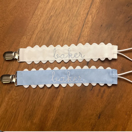 Embroidered Monogram Pacifier Clip, Ric Rac Ribbon Paci Holder