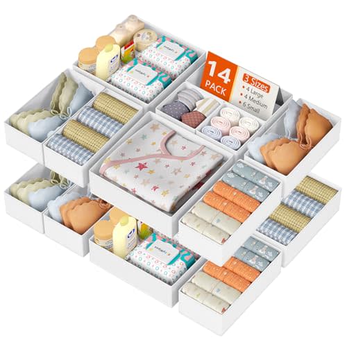 DIMJ Drawer Organizer Clothes 14 Pack - Foldable Baby Organizers and Storage & Dresser Organizer for Bedroom, Closet - Nursery Organization Dresser Dividers for underwear, Sock,Bra, Belt, Tie, White