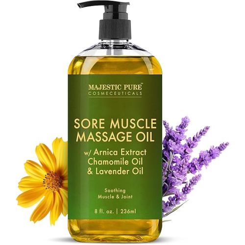 Majestic Pure Arnica Sore Muscle Massage for Massage Therapy - Natural Oil with Lavender and Chamomile Essential Oils - Multipurpose Instant Absorption Full Body Massage Oil - 8 Fl Oz (Pack of 1)