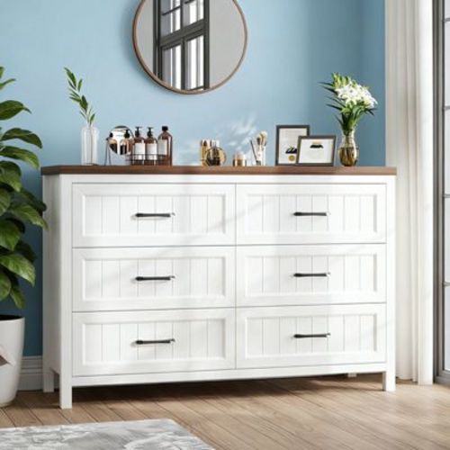 Molysoul 6 Drawer Dresser for Bedroom, Large Farmhouse Wooden Chest of Drawers with Deep Storage for Living Room, Hallway, Entryway, White & Brown