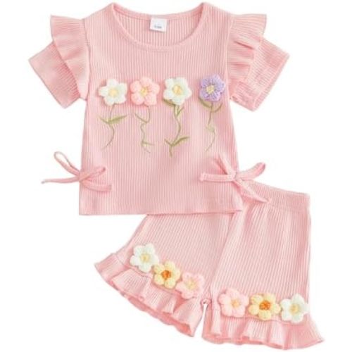 Toddler Girl Summer Outfit Infant Baby Crochet Flower Ruffle Short Sleeve Ribbed Knit Tops and Shorts Set For 0-3T