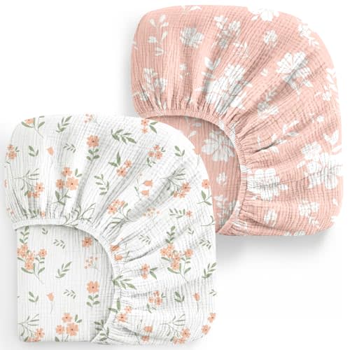 2 Pack Baby Muslin Crib Sheets for Boys Girls 52" x 28"(Pink Floral) | 100% Cotton, Soft and Breathable, Fitted Baby Sheets for Standard Crib Mattress, Neutral Toddler Bed Sheets, Baby Gifts