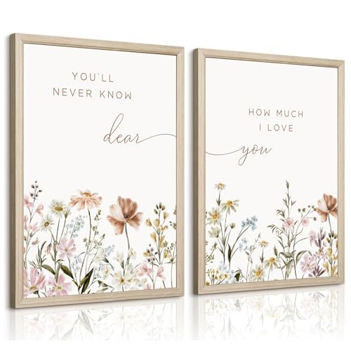 Girl Nursery Floral Wall Art Decor Boho Wildflower Canvas Wall Decor Baby Girl Room Flower Poster Vintage Nursery Botanical Art Prints Pink Coastal Pictures for Toddler Bedroom 12x16x2 Inch Framed