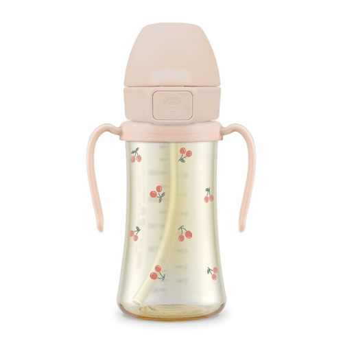 GROSMIMI Baby Straw Cup, Spill-Proof PPSU Sippy Cup with Flip-Top, Rotating Handles for Babies & Toddlers 12+ Months, Bite-Resistant Silicone Straw, BPA-Free, Stage 2, 10oz (Cherry)