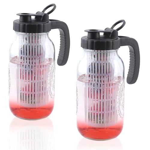 64 Oz Glass Mason Jar Water Pitcher with Infuser 2 Set Half Gallon Water Jug Carafe 2 Quart Pitcher For Cold Hot Tea Coffee Lemonade Homemade Drinks Breast Milk Juice Container For Refrigerator