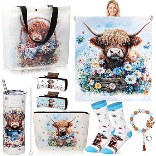 8 Pcs Highland Cow Gifts for Women Highland Cow Stuff with 20oz Tumbler Blanket Canvas Tote Bag Makeup Bag Socks Keychain Hair Claw Gift for Coworker Friend Lover (Classic Pattern)