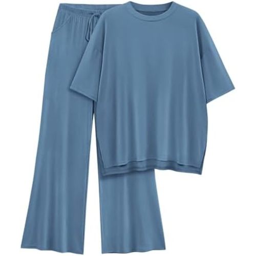 Womens Lounge Set 2 Piece Outfits Casual Loose Fit Short Sleeve Tops and Wide Leg Pants Tracksuits
