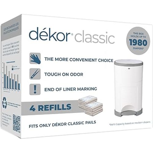 Diaper Dekor Classic Diaper Pail Refills | 4 Count | Most Economical Refill System | Quick & Easy to Replace | No Preset Bag Size Use Only What You Need | Exclusive End-of-Liner Marking