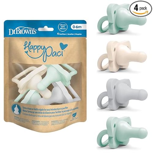 Dr. Brown's HappyPaci 100% Silicone Baby Pacifier, Contoured One-Piece Design, Gray, Green, Ecru, 0-6m, BPA-Free, 4-Pack