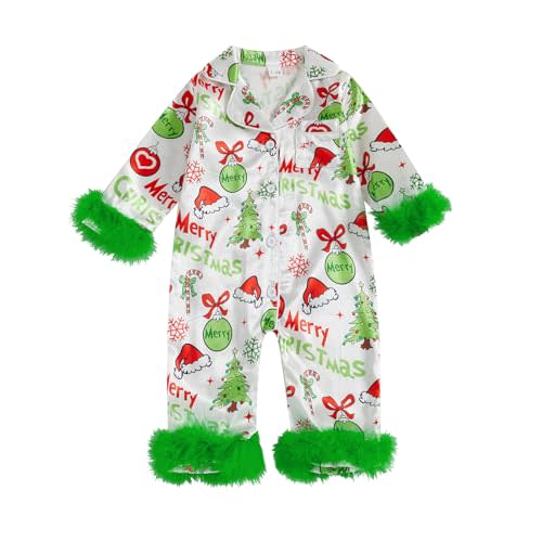 Baby Girl Boy Christmas Pajamas Pjs Sleepwear Romper One-piece Lounge Set | Feather Trim Nightgown Jumpsuit Romper Cute One Piece Silk Pjs Sleepwear Christmas Unisex Baby Sleepers for Boys and Girls