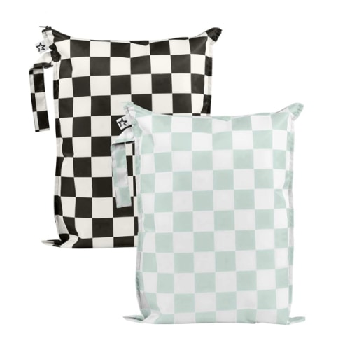 Tiny Twinkle Mess Proof Wet Bags | 2-Pack Reusable Waterproof Wet Bags for Swimsuits | Baby Clothes | Travel & Diaper Bag (Black, Green Checkers)