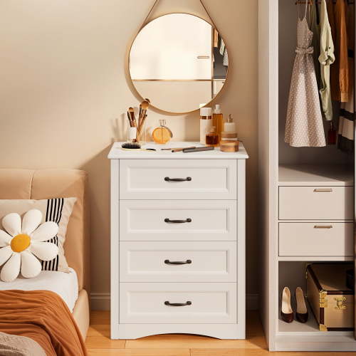 Lofka 4-Drawer Dresser for Bedroom, Wood Chest with Metal Handles for Bedroom| Livingroom| Office , White