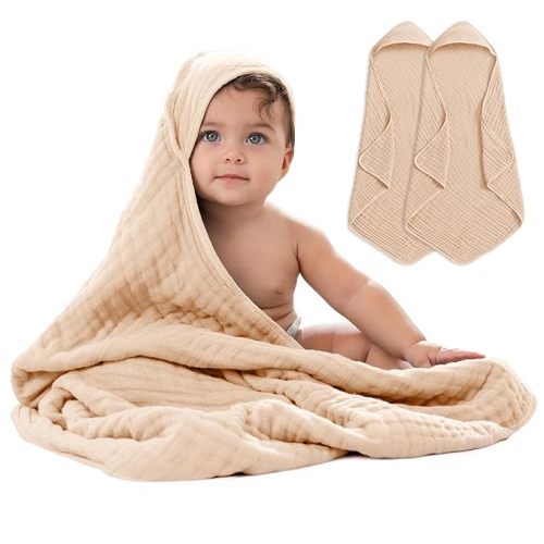 Comfy Cubs Hooded Baby Towel 2-Pack, Large 32 x 32 Inch - 6 Layer 100% Muslin Cotton for Babies, Toddlers and Kids - Soft & Absorbent Baby Bath Towels - Unisex Design for Bath Time - Cream