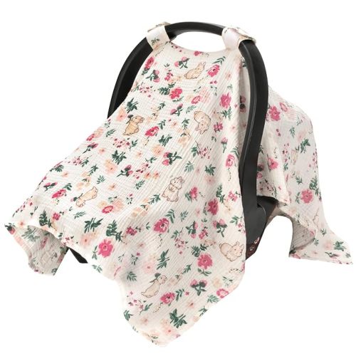 100% Muslin Cotton Car Seat Covers for Babies, Universal Baby Car Seat Cover, Breathable Muslin Carseat Cover Canopies for Boys and Girls, Soft Infant Car Seat Cover for Summer — Beige