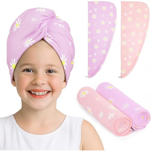Microfiber Hair Towel for Kids 2Pack Hair Wrap Towels Absorbent Hair Drying Towel Wrap Hair Turbans for Curly Thick Hair, Purple Pink Daisy