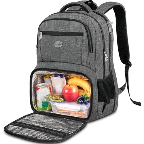 MATEIN Laptop Backpack with Lunch Box, 18 Inch Gray Mens Work Backpack for Office Commute College, Personal Item Insulated Lunch Work Bag for Traveling, Heavy Duty Travel Back Pack with Luggage Strap