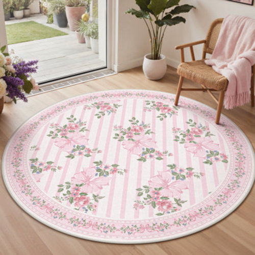 Red Barrel Studio® Bloomere Floral Machine Washable Blush Bow Indoor Area Rug With Non-Slip Backing & Reviews | Wayfair