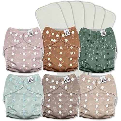 Mama Koala 3.0 Pocket Cloth Diapers for Babies with AWJ Lining, 6 Pack with 6 5-Layer Natural Cloth Diaper Inserts - Reusable and Washable Pocket Diapers(A-My Warm Heart)