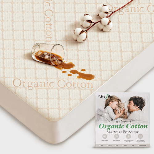 Welfibr Queen Size Organic Cotton Mattress Protector, 100% Waterproof Soft Bed Cover, Noiseless, Breathable Fitted Sheet with 6"-18" Deep Pocket, Ivory, for Home and Hotel Use