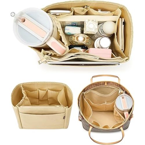 Tote Bag Organizer Insert with Stanley Cup Holder and Zipper Bag, Compatible with Neverfull, Saint Louis and More, 9 Pockets (Beige, X-Large)