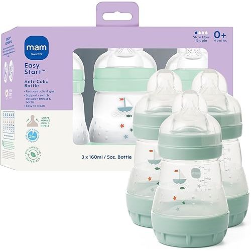 MAM 5oz Easy Start Anti-Colic Wide Neck Vented Baby Bottle, Slow Flow Breastfeeding-Like Nipple,Reduces Colic Gas & Reflux, Easy Clean, BPA Free,0+ Months, Made in Europe,Bonus Medium Flow Nipple
