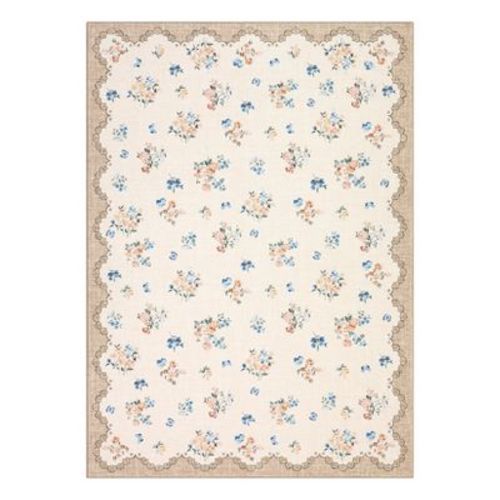 5'x7' Washable Floral Living Room Rugs, Scalloped Non Slip Soft Bedroom Nursery Rug, Large Low Pile Dining Room Carpet for Home Decor, Beige