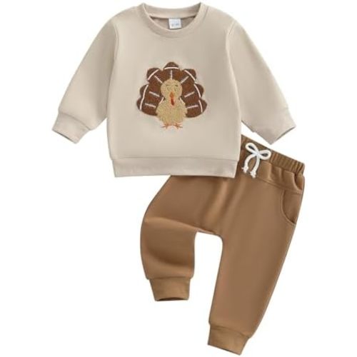 Kupretty Baby Boy Fall Clothes Toddler Thanksgiving Outfits Football Turkey Embroidery Pullovers Sweatshirt + Pants Set