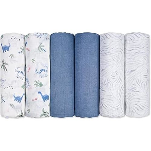 GLLQUEN BABY Receiving Blanket Boy Cotton Muslin Swaddle Blankets Girl Newborn Squares Breathable & Soft Thin Baby Blankets Cloths Double Absorbent Infant Swaddling Wrap - 6 Pack (Dinosaur)