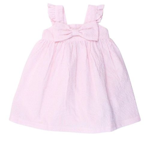RuffleButts Baby Flutter Bow Woven Dress - Pink Seersucker, 6-12m