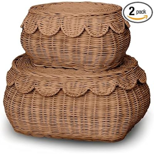 BEBE BASK The Original Scalloped Basket Set Of 2 - Small Scallop Basket - 15 x 10 x 6 In - Hand-Woven & Award-Winning - Elegant Wicker With Scalloped Edge Lid - Nursery Storage - (Mocca)