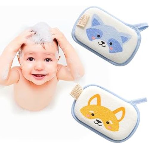 Baby Bath Sponge, 2 Pack Cartoon Animal Style Baby Sponge for Bathing, Infants Bath Sponge Ultra Soft & Absorbent Natural and Safe Great for Sensitive Skin, for Boys & Girls (Raccoon)