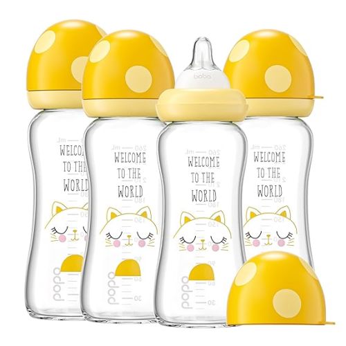 YOHKOH Natural Glass Baby Bottle with Level 2 Medium Flow Nipple, Newborn Anti-Colic Baby Bottles, Wide Neck Mushroom Baby Glass Bottle (8.8ounce (Pack of 4), Yellow1)