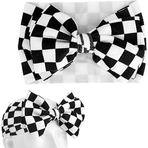 Baby Girl Checkered Headband, 7in/19cm Black and White Checkered Infants Headband Bows Racing Bowknot Themed Baby Hair Accessories Stretchy Soft Wrap for Newborn Infants Toddlers