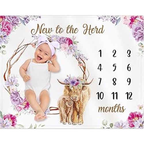Highland Cow Baby Monthly Milestone 40 x 50'' Blanket Scotland Flower Prop Blanket for Baby Girl Highland Cow Newborn Infant Swaddle for Boys Girls Nursery